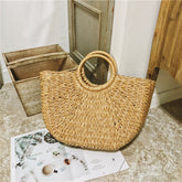 Tan Circle Handle Straw Beach Bag